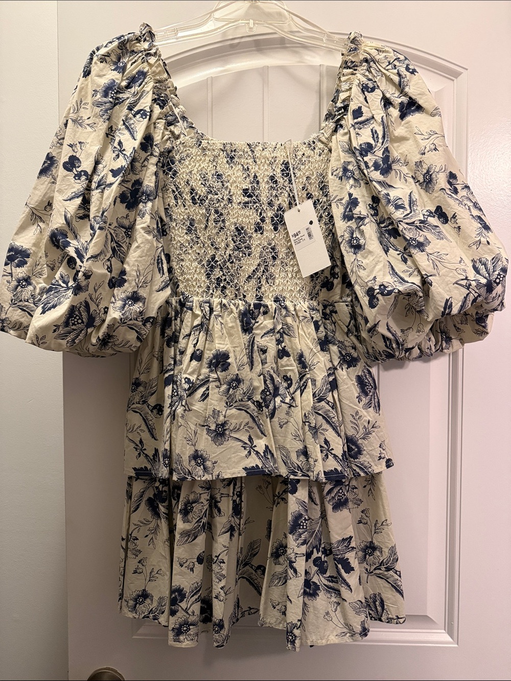 Floral Smocked Puff-Sleeve Mini Dress in Cream and Navy